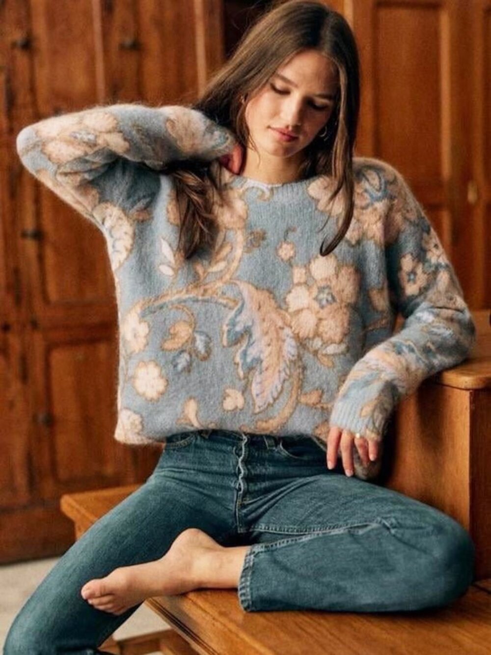 Like New Sezane Helene Mohair Wool Baroque Print Sweater Blue Beige Large